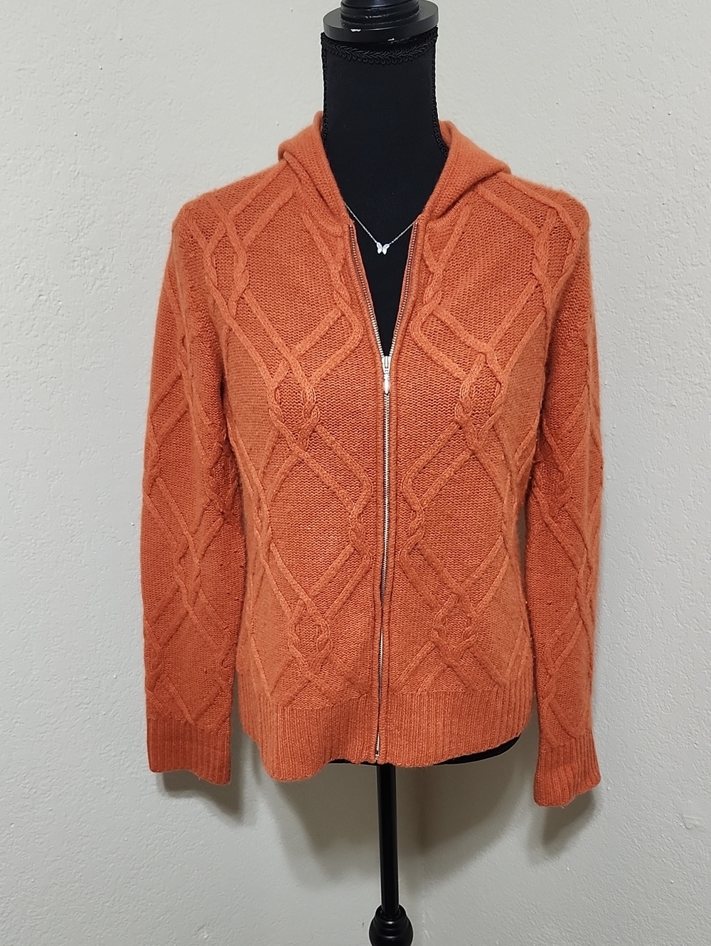 Geneva 100% Cashmere Cable Knit Zip-Front Hoodie Sweater - Orange - Size M (EUC)